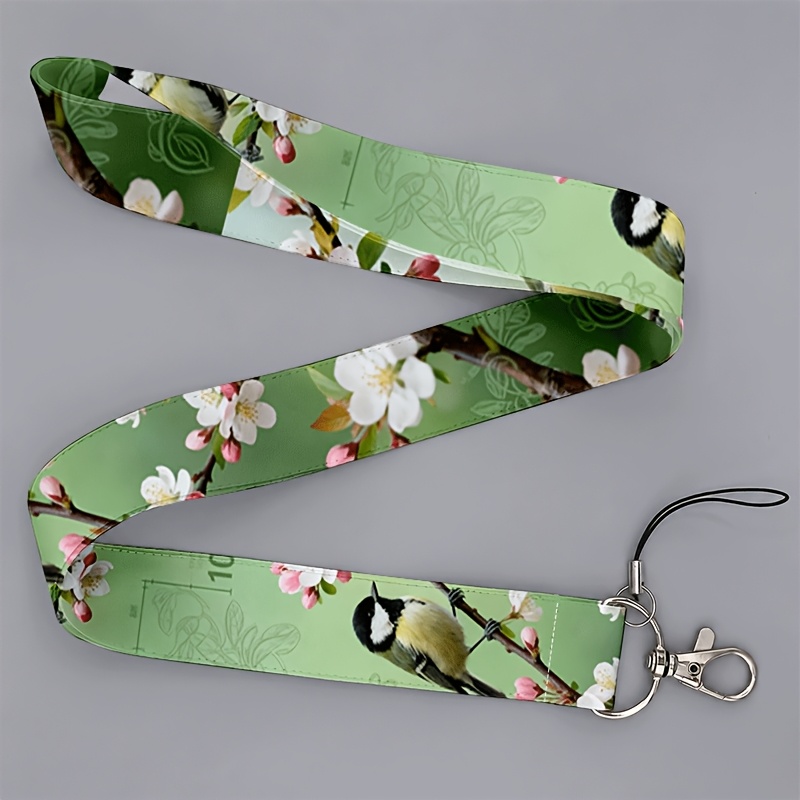 TEMU 2D Geschikt voor zowel mannen als vrouwen die naar werk of school gaan, groene achtergrond vogel en bloesemtak print lanyard, past op telefoons