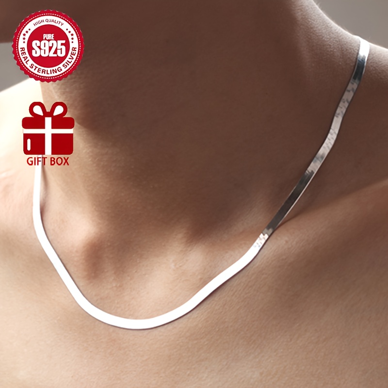 

925 Sterling Silver Hypoallergenic Flat Snake Bone Necklace Brilliant Silver Blade Chain Clavicle Chain For Valentine's Day Gift, With Anti-oxidation Gift Box Snake Bone Chain Necklace: 5.2g