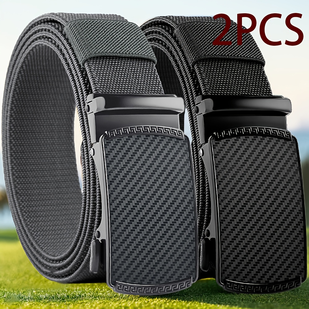 TEMU 2pcsfashionably Designed Men's Elastic Golf Belt With Alloy Carbon Fiber Ratchet - Elastic Stretch, Anti-pilling Nylon, Fit 28-42 Inch Waist For