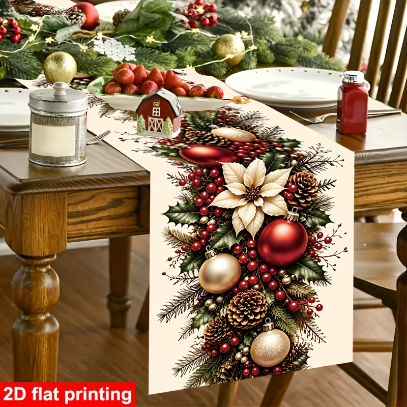 TEMU 1pc Zookoo Christmas Table Runner With Poinsettia Pine Cone Print - Red Golden Farmhouse Rectangular Table Scarf Suitable For Xmas Dining Table