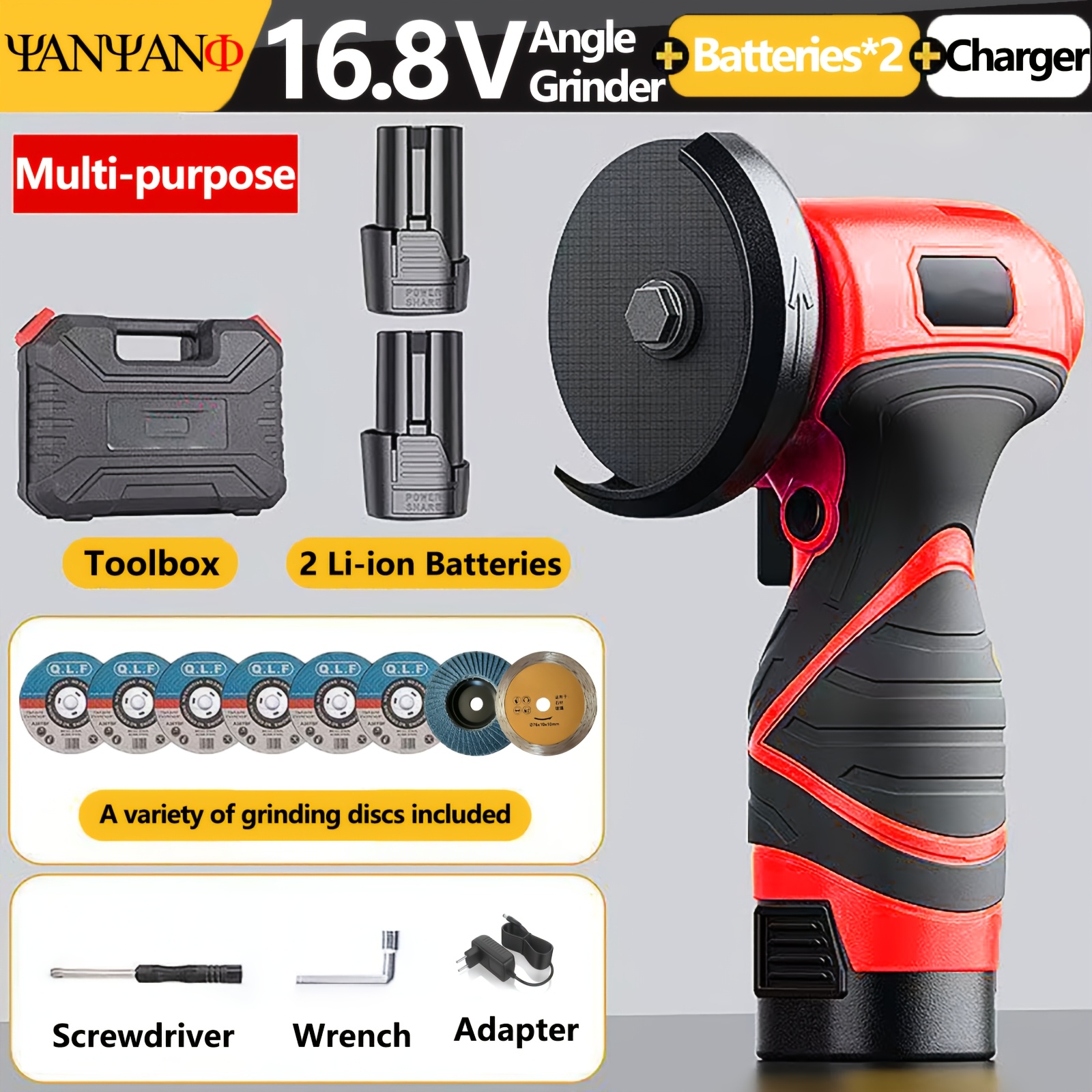 TEMU 16.8v Mini Angle Grinder, 2 Li-ion Batteries + Charger + Toolbox, Polishing Grinding Tool With Safety Lock, Compact Handheld Grinder For Metal,
