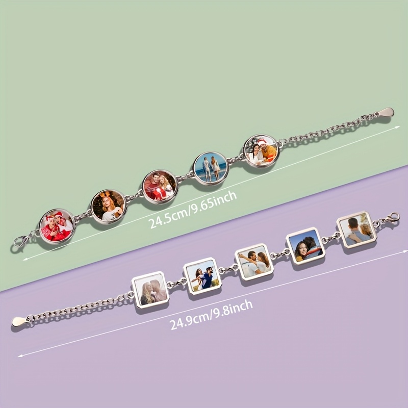 TEMU -transfer Square And Circular Bracelet, Including 5 Photos - Personalized Couple, Family Or Commemorative Photo Bracelet, Suitable For Men And Women