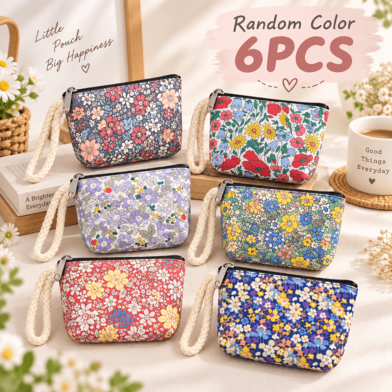 TEMU 6pcs Set Of Women's Floral Print Coin Purses With Random Patterns, Small Zippered Wallets With Hand-held Wrist Straps, Mini Portable Coin
