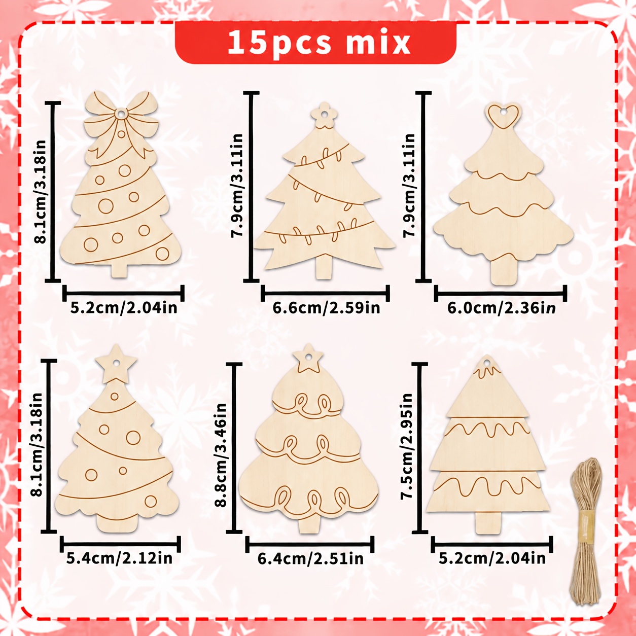 TEMU 15pcs Set Of Mixed Wooden Christmas Tree-shaped Hanging Ornaments, Handmade From Blank Wood Slices, Christmas Tree Designs, Christmas Series
