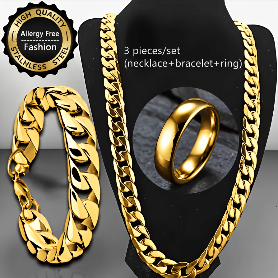 TEMU 3pcs Golden 201 201 201 201 Stainless Steel Cuban Link Chain Set With 201 201 201 201 Stainless Steel Ring, Trendy New Item. Suitable For Daily