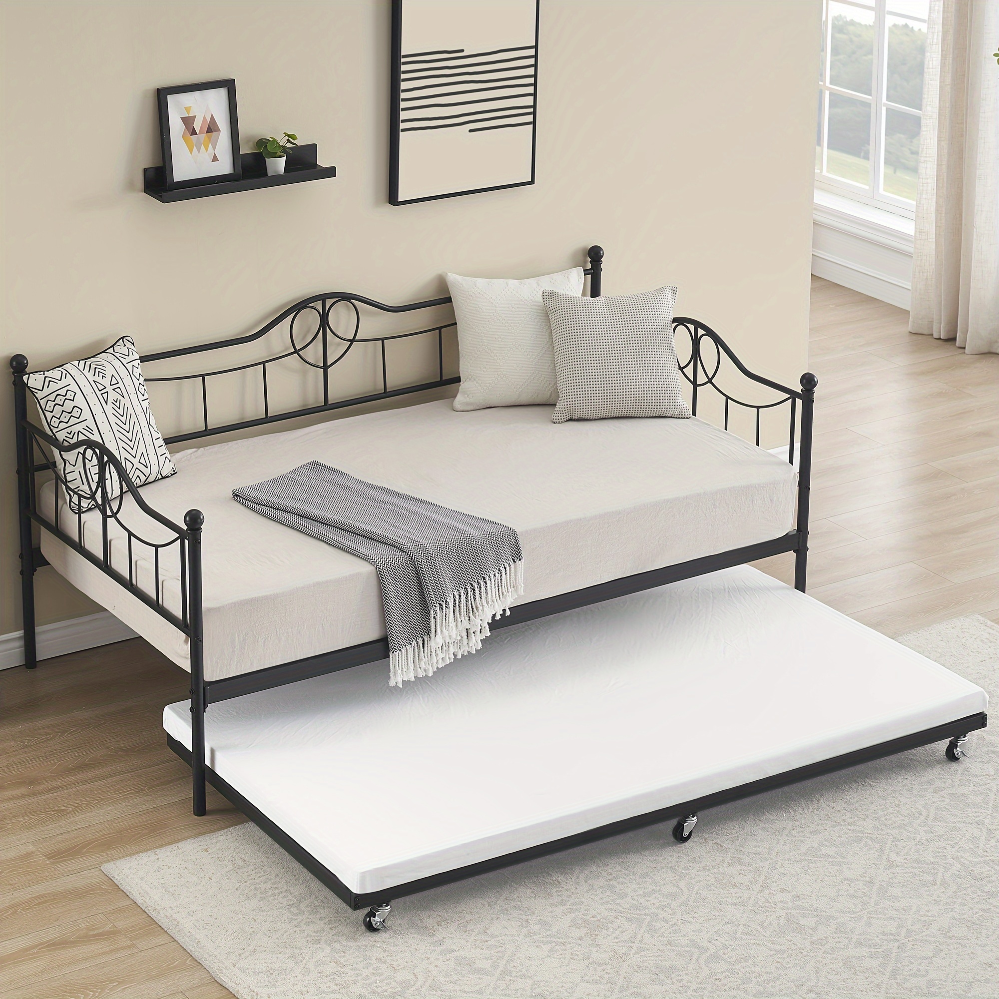 

Twin Daybed With Trundle Bed, Metal Twin Twin Size With Steel Slat Support, Sofa Room And