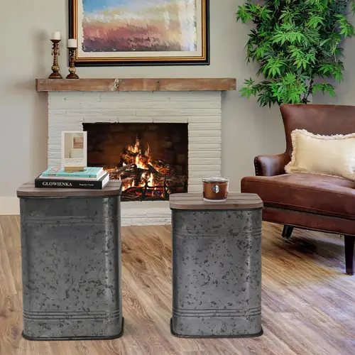 set of 2 nesting rustic metal farmhouse accent end tables with wooden lids and vintage galvanized