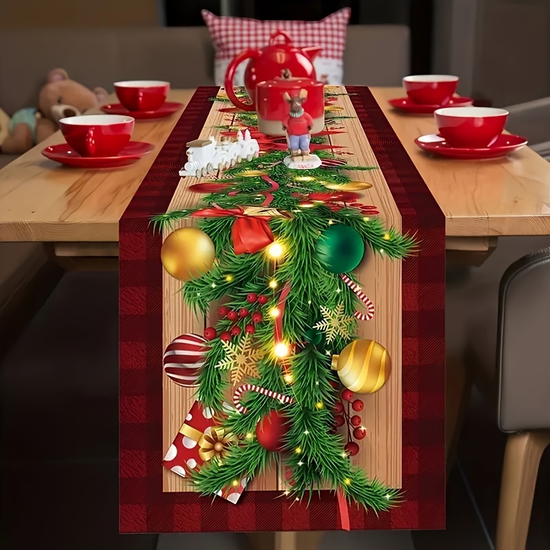 

Christmas Holiday Table Runner - Festive Polyester Woven Rectangular Table Decoration With Christmas Tree, Ornaments, And Lights Pattern For Seasonal Home Decor - 100% Polyester Table Top Accessory
