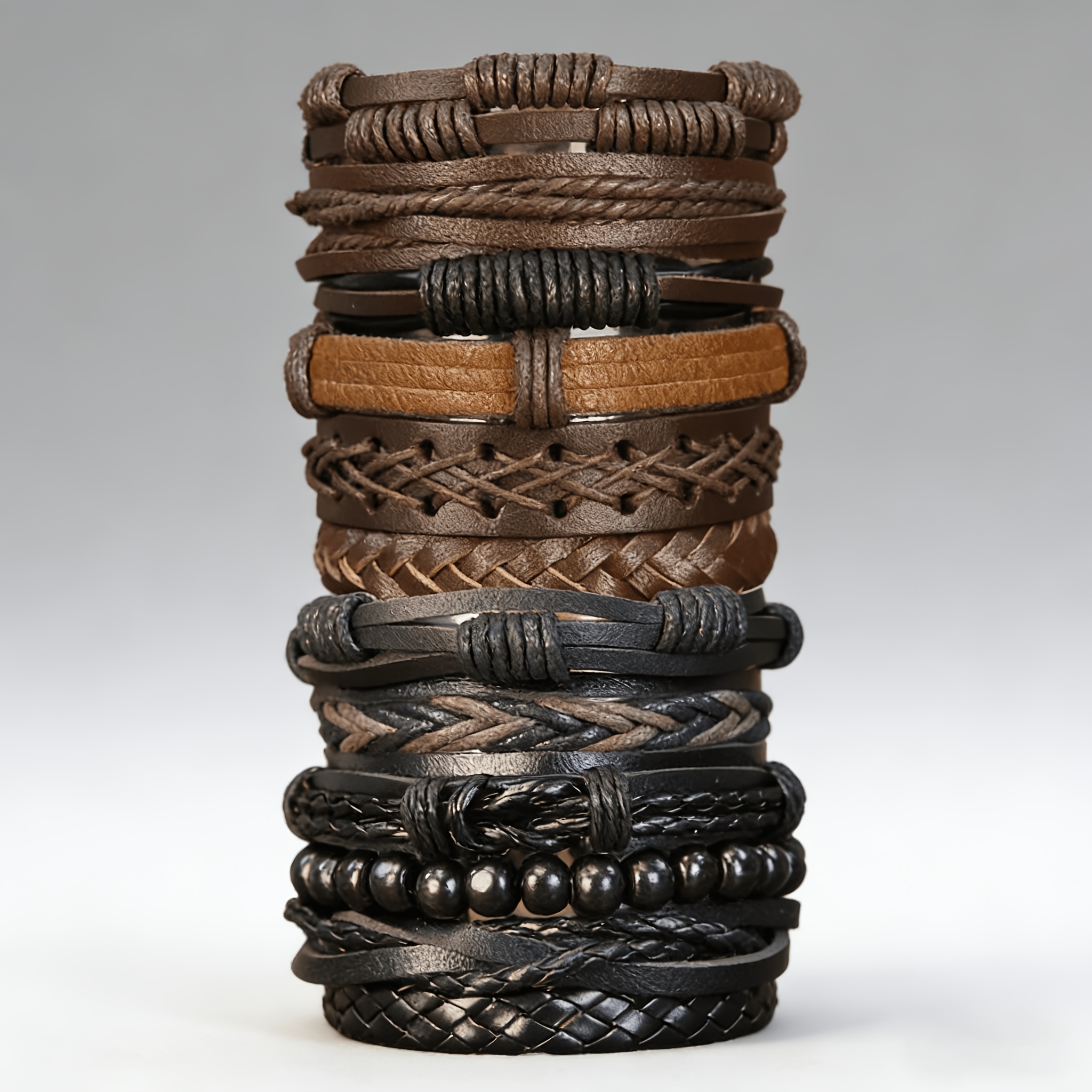 Image of 12pcs Hand-woven Pu Bracelets, Vintage Punk Style, Adjustable, Fashion Accessory Gift