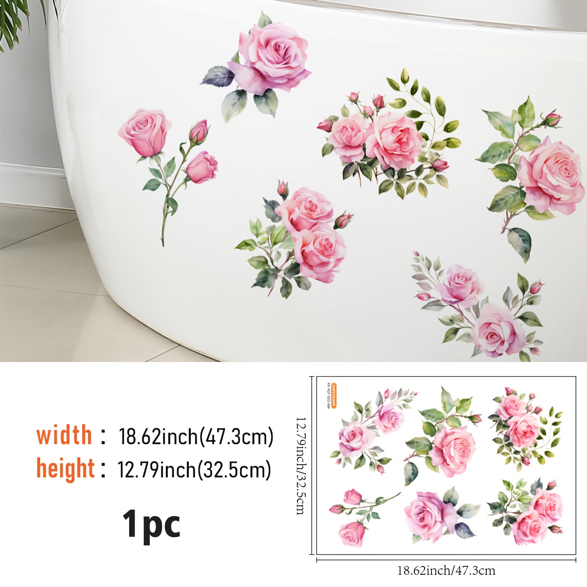 Image of 12.79*18.62 Inch Pink Rose Floral Pattern Self-adhesive Bathtub Decal, , Peel And Stick Home Decor Sticker, Suitable For Decorating Of Sinks, Bathtubs, And More