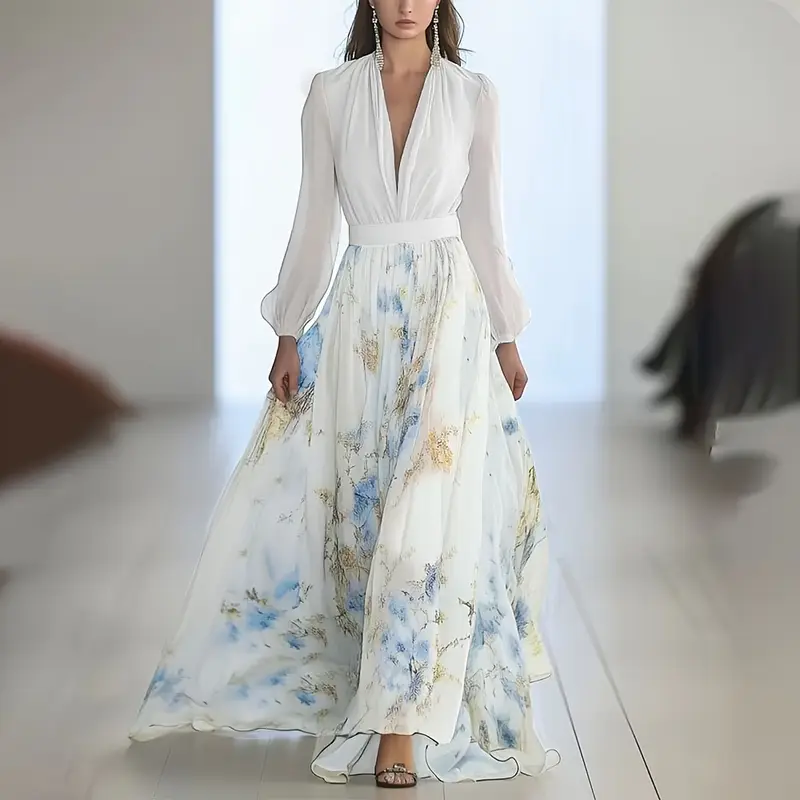 womens bohemian floral print v neck long sleeve dress lightweight a line flowy maxi with puff sleeves machine washable soft fabric for spring summer fall casual formal events elegant style Product details 0