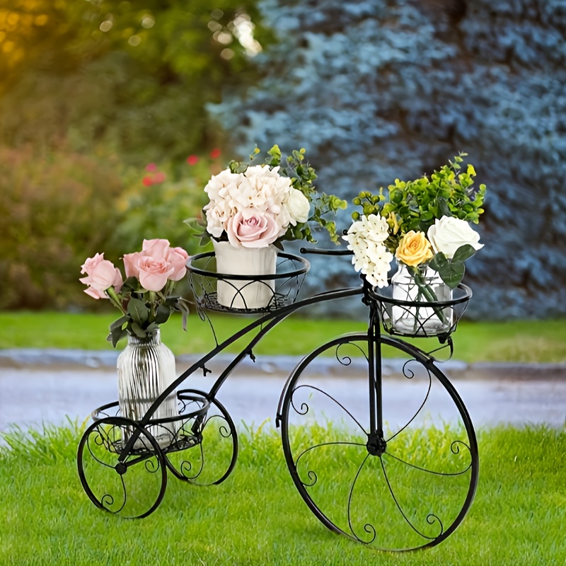 TEMU Chariot à fleurs tricycle métallique à 3 niveaux de style avec vélo/pédales - Support de jardinière de jardin vintage adapté à la décoration
