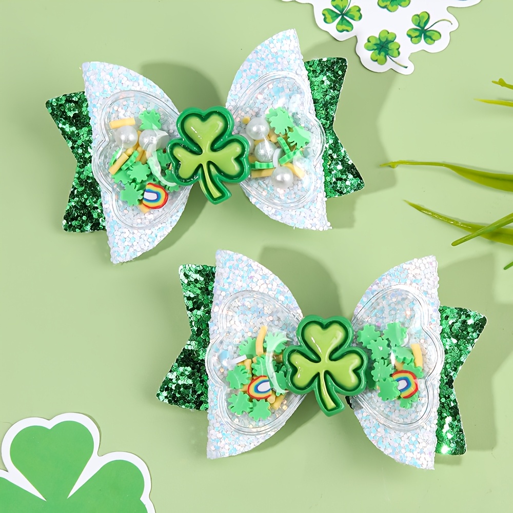 

Set Of 2 Shamrock Shaker Hair Bow Clips For 's Day, Sparkly Green Hairpins For Girls, Irish Festival Outfits