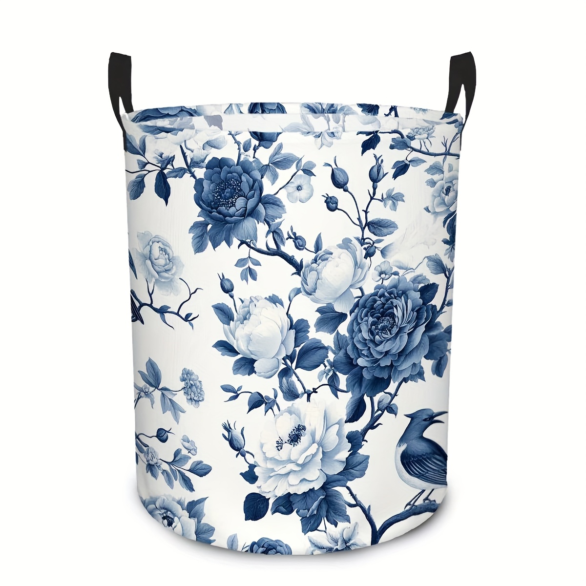 TEMU 1 pièce, Panier à linge élégant imprimé fleurs et oiseaux bleu et blanc avec poignées – Panier rond pour , idéal pour la décoration printanière