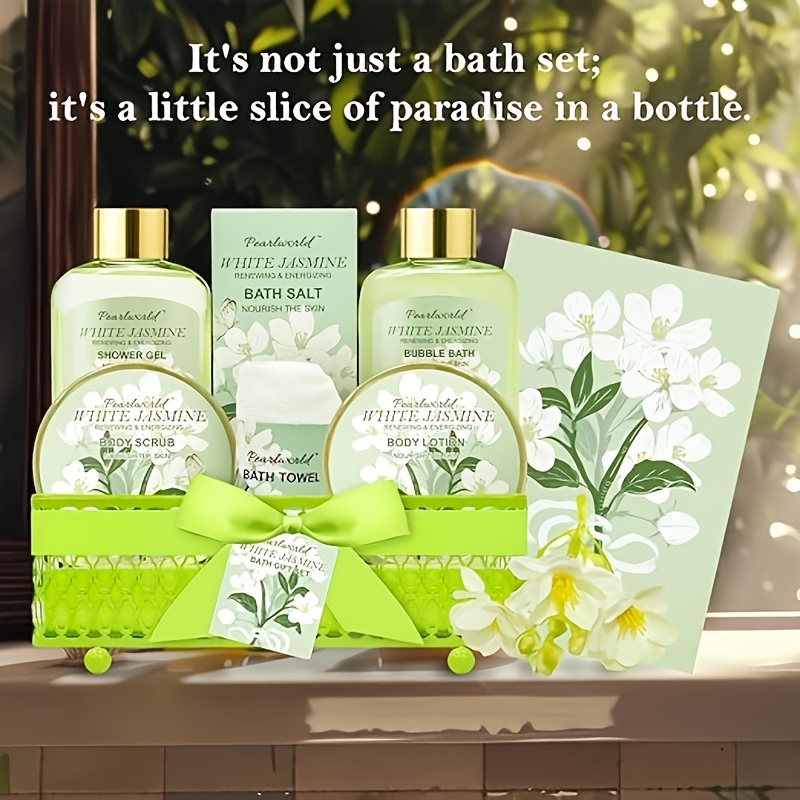Bath Gift Baskets for Women, 9pcs Jasmine Spa Gifts Set for Women, Self Care & Body Relaxing, Birthday Gift Basket, Mother's Day Gifts, Christmas, Anniversary Bath Gift Set
