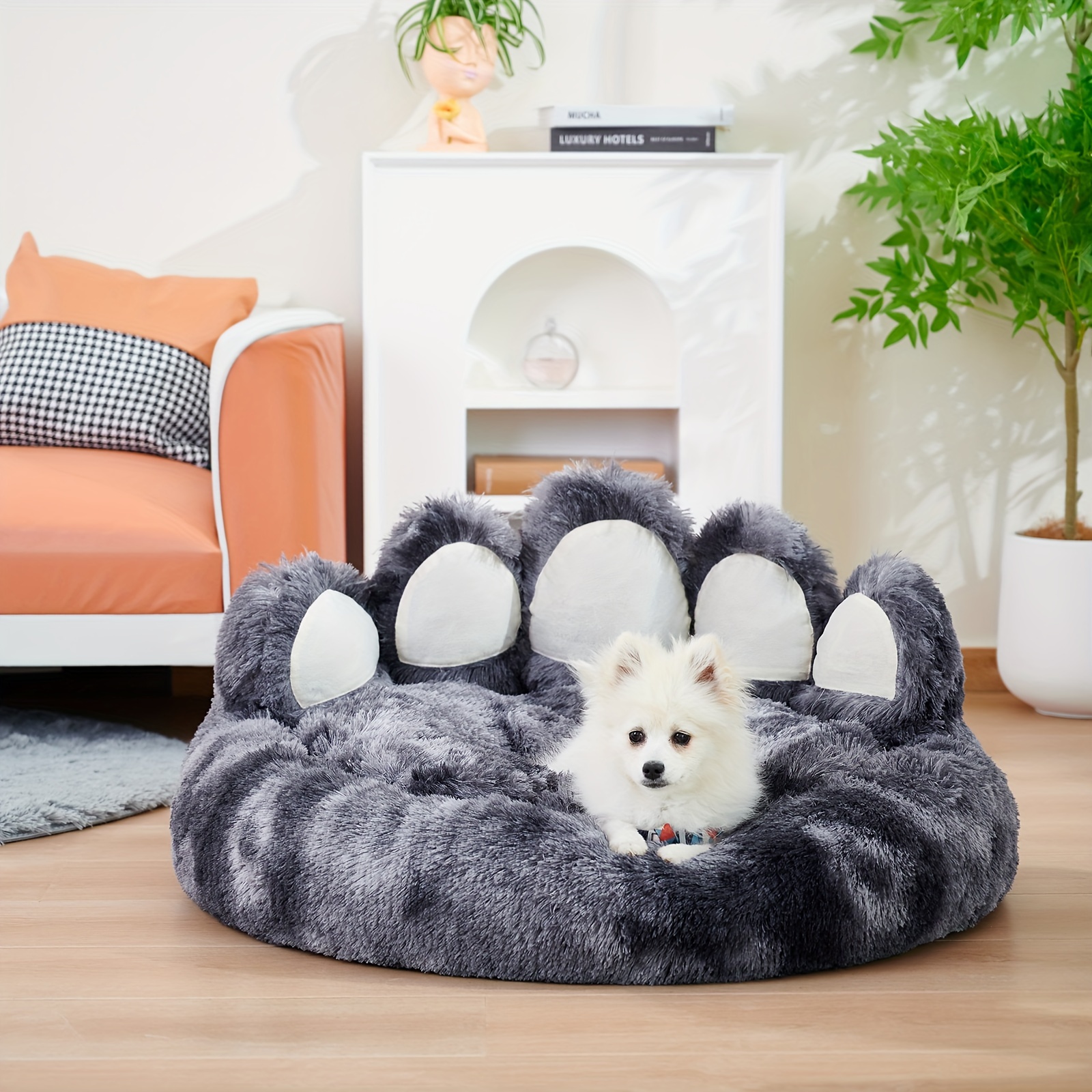 

Long Plush Dog Bed Of Paw Shape, Calming Donut Dog Bed For Small Medium Dogs, Deep Sleeping Pet Sofa Beds, Faux Fur Cat Bed For Cat