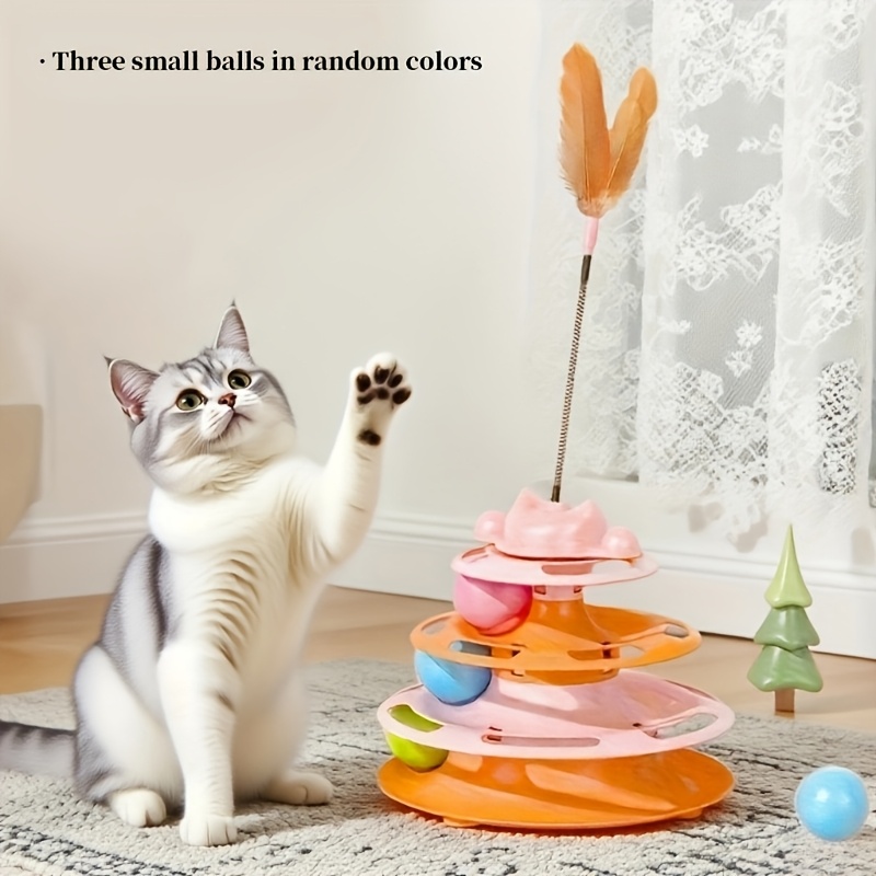 Artificial Feather Cat Carousel Toy - Rotating Rolling Ball Cat Toy, Interactive Teasing Toy for Cats, Cat Gift, Suitable for Indoor Cat Companion Toy, Self Entertainment And Fun Toy to Reduce Boredom, Random Balls in 3 Colors, Without Battery
