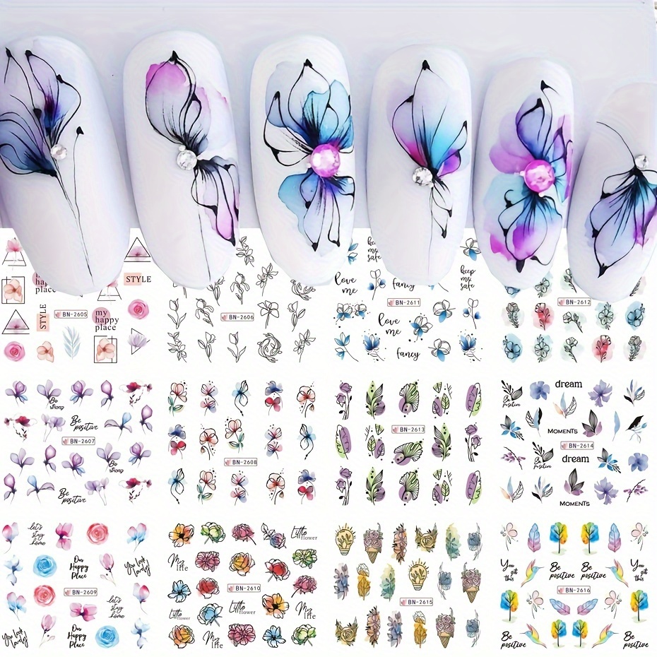 

12-pack Floral Nail Art Stickers - Self-adhesive Water Decals With Glitter , Theme Nail Decoration, Rectangular Paper Stickers For Plastic Surfaces, Single Use Tattoo Foils With Leaves & Designs