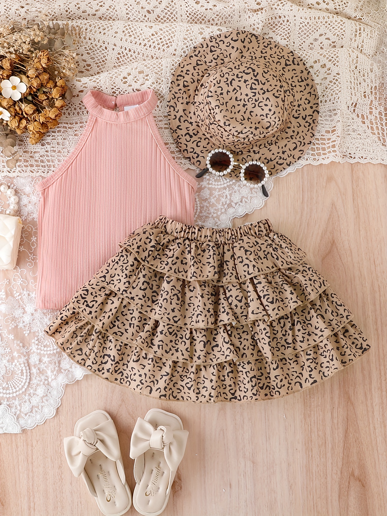 Girls' 3pcs Vintage Leopard Print Outfit Set - Sleeveless Cotton Blend Bandeau Top, Tiered Skirt, and Matching Hat - Casual Summer Wear for Kids with Frill Details
