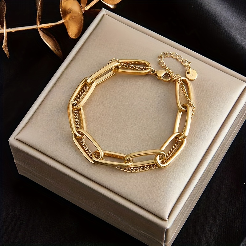 

A Golden Stainless Steel Jewelry Plated With Real Golden Double Layered Bracelet Ins French Retro Fashion Casual Simple Trend Joker Ladies Daily Commuting Street Party Holiday Party To Wear.