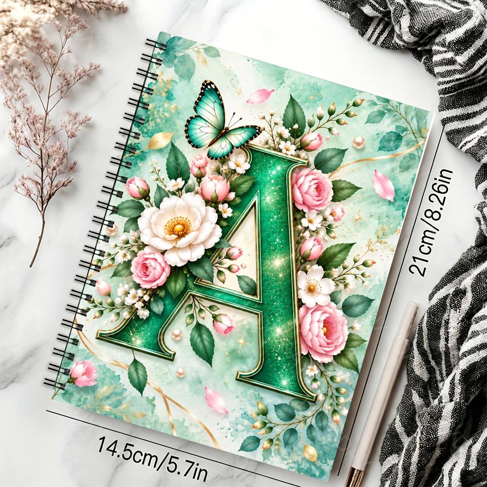 TEMU Initial Letter Floral A5 Spiral Notebook, Mint Watercolor Background, Pink White Roses, And Pearl Cover For Journal, , Work Notes And Daily
