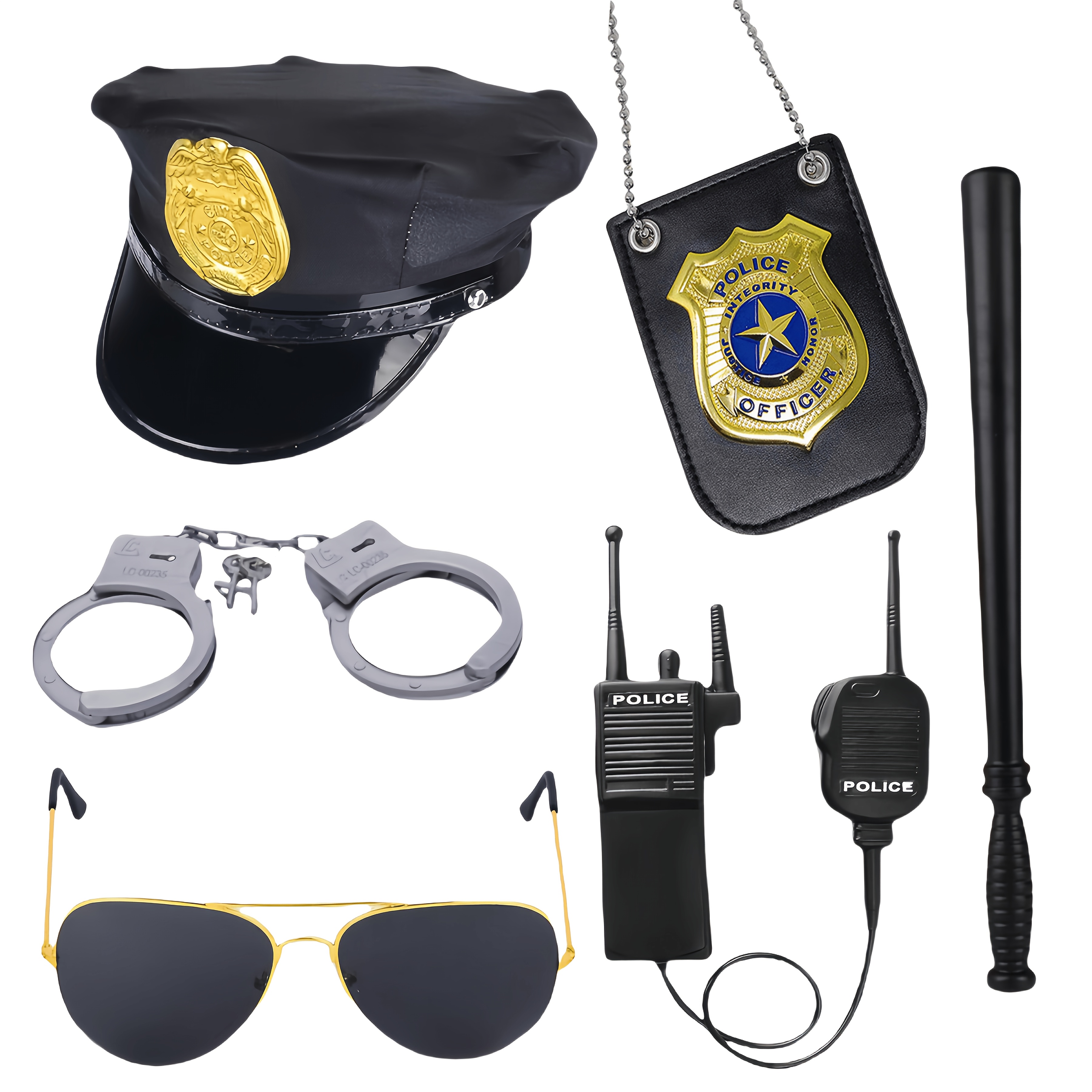 

Cosplay Costume Set, 1/6pcs Police Roleplay Kit, Plastic Material, Non-electric, Featherless, With Cap, Handcuffs, Badge, Walkie-talkie, , Glasses - Masquerade Party Accessory