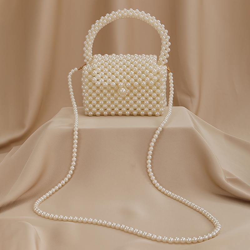 

Sac Bandoulière Élégant en Style Artisanal avec Perles d' - Blanc Crème Polyvalent avec Fermoir Doré, Bandoulière Détachable & Poignée Perlée - pour d'Été, Petit Sac Bandoulière