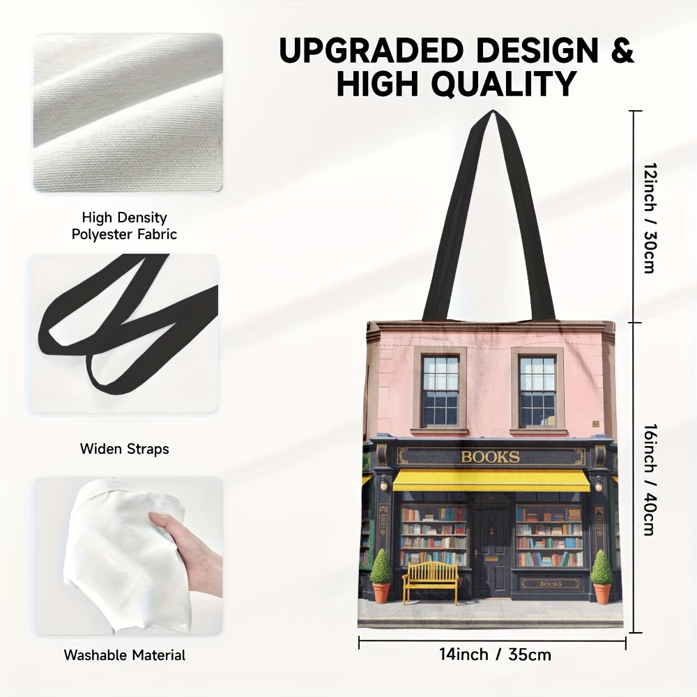 TEMU 1pc Fashionable Bookshop Print Large Tote Bag - Durable Polyester Reusable Grocery Bag With Vibrant Bookstore Design, Spacious Rectangular Shape