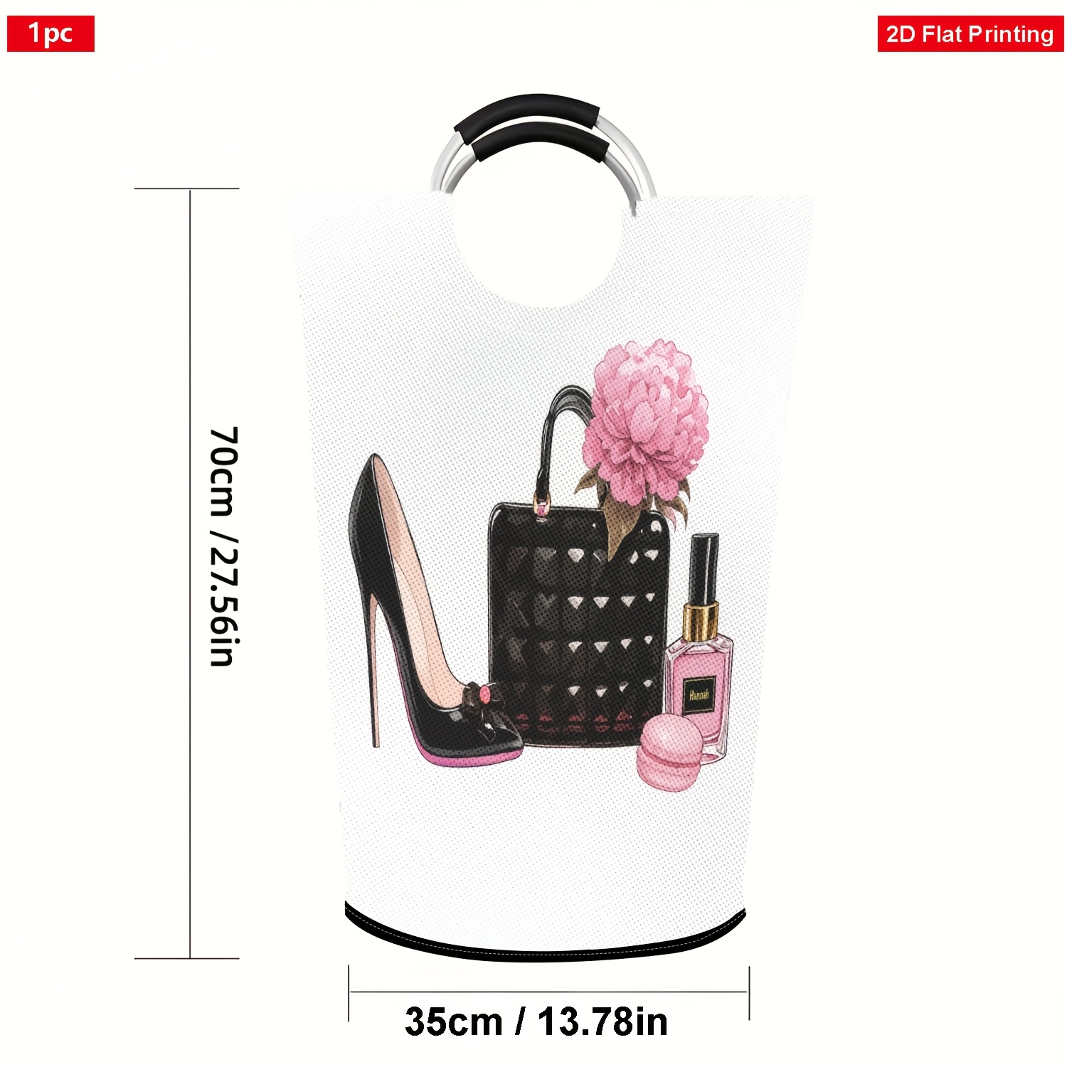TEMU 1pc Talons Hauts Roses Tendance avec Sac à Main Noir et Bouteille de Parfum, Panier à Linge Élégant avec Cadre en Aluminium pour Organiser les