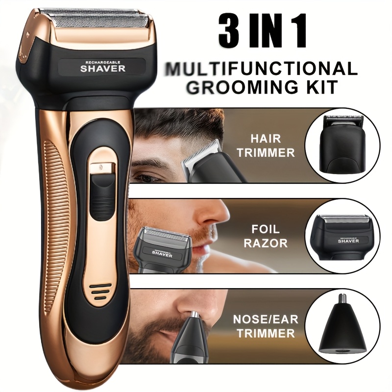 multi functional 3 in 1 mens beauty set electric aluminum foil shaver detachable and replaceable     with ear and nose hair trimmer hair clipper beard trimmer   up temple trimmer cordless usb charging gift for men Product details 0