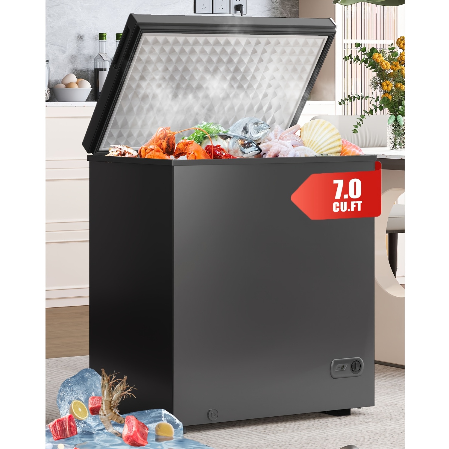 

7.0 Cu Ft Deep Freezer, Top Open Door Chest Freezer, Compact Freezer With Removable Storage Basket, 7 Level Adjustable Temperature And Top Open Door, Ideal For Kitchen, Basement (black)