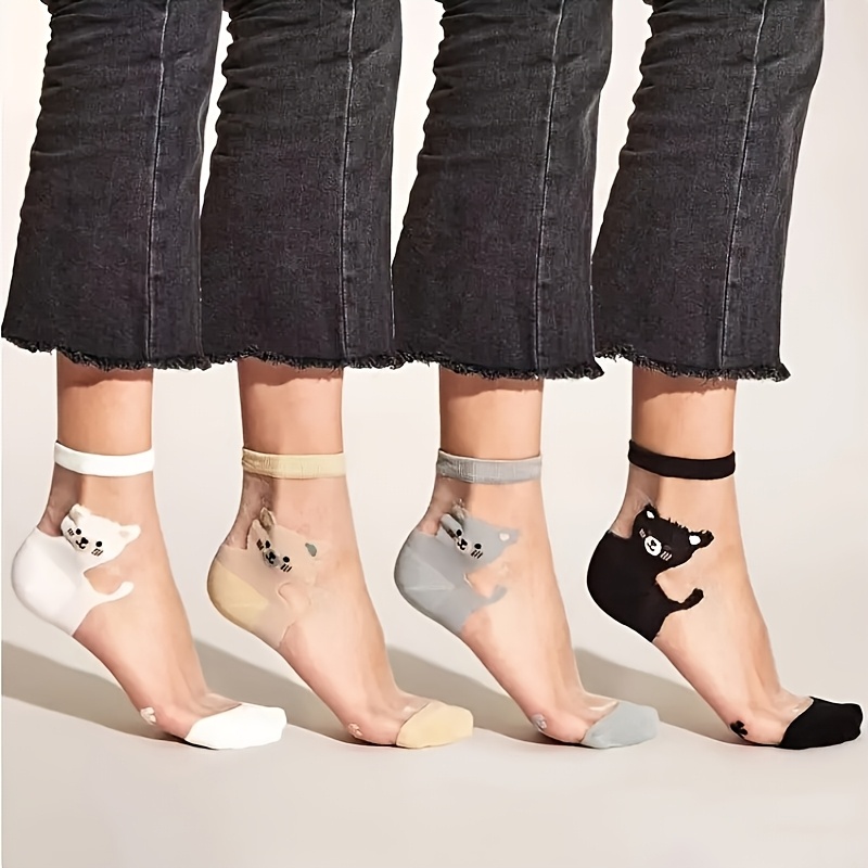 Image of Mixed -pack Mid-calf Socks - Xl - Cartoon Cat Print Ultra-thin Transparent Socks With Cat Illustrations In White, Beige, Gray, And Black For Daily Wear And Outdoor Activities