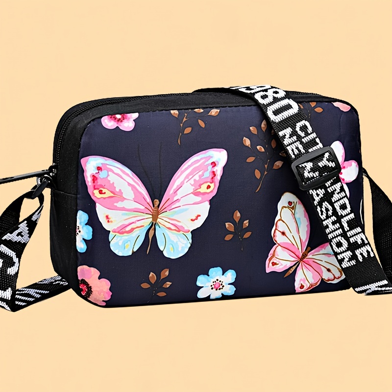 

Sac Bandoulière en Nylon Léger pour Femme - Sangle Réglable, Fermeture Éclair, Noir Tendance avec Papillon Coloré & Design Floral, Sac à Épaule Décontracté pour Tous