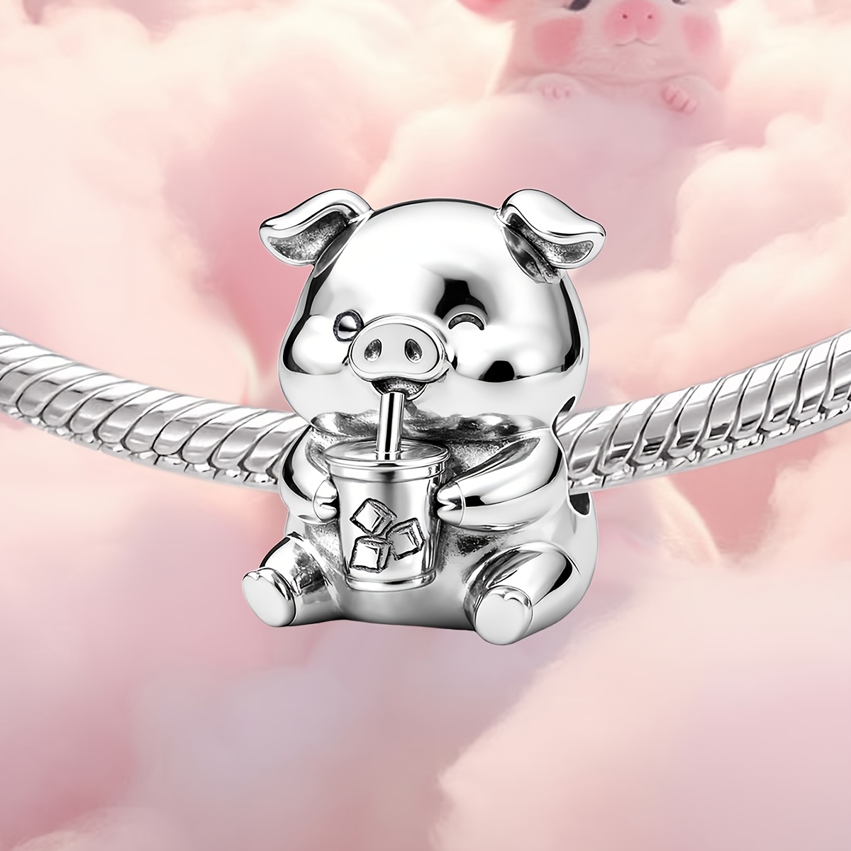 925 Silver Plated Pig Bead Charm for DIY Jewelry Making