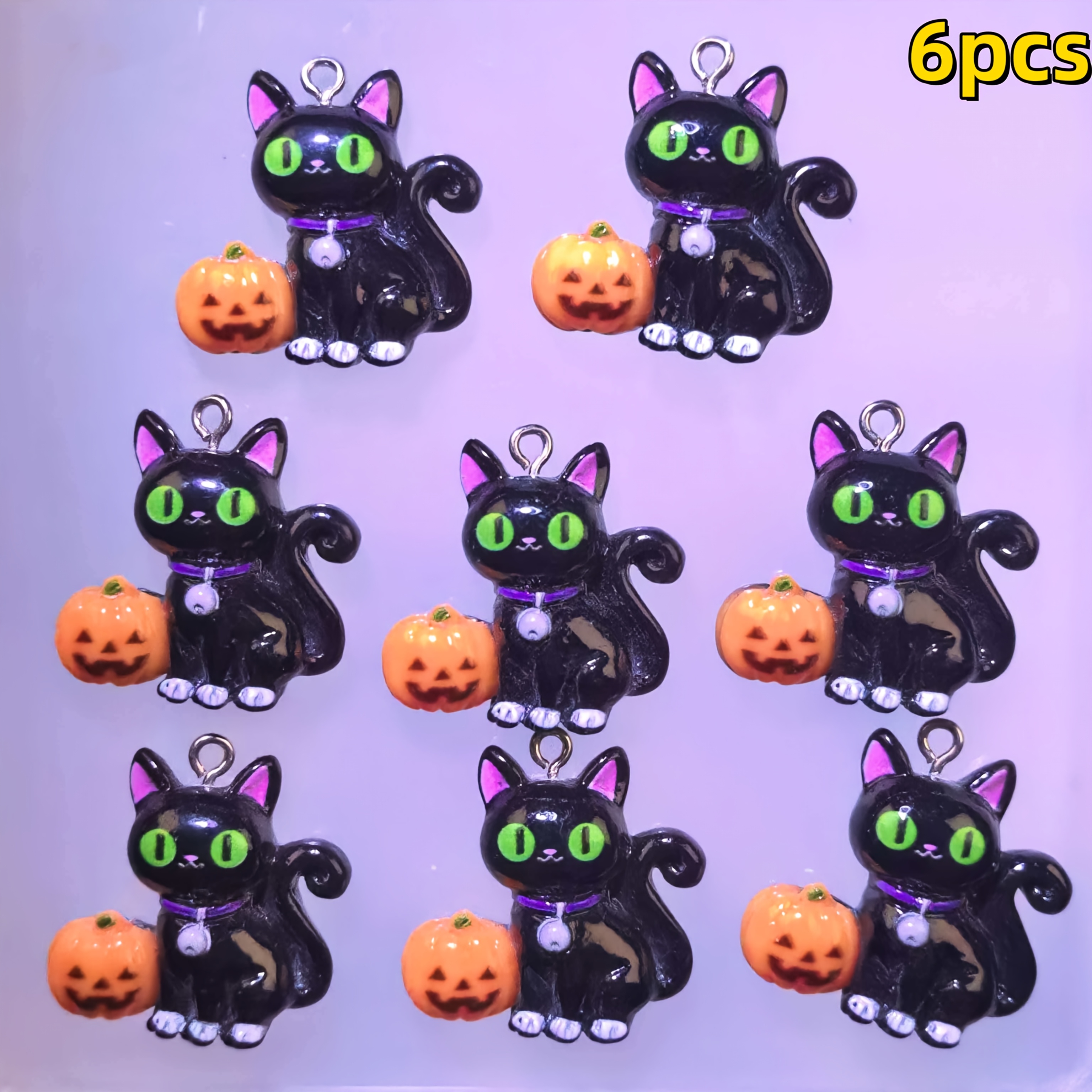 TEMU 12pcs/6pcs New High-quality Resin Halloween Pumpkin Lantern Black Cat Pendants, Suitable For Making, Perfect For Party Accessories, Earrings,