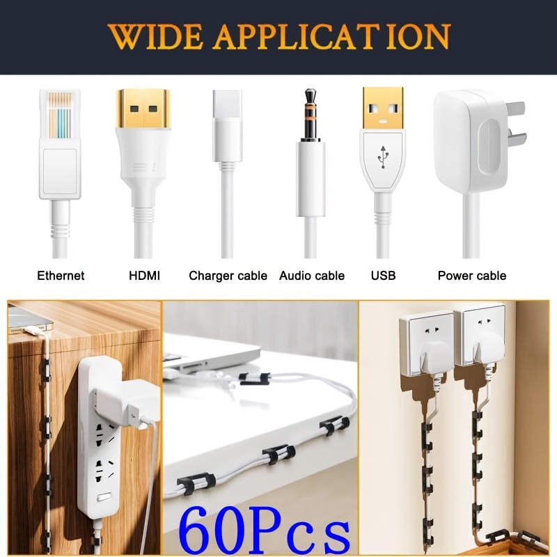 TEMU 60 Stück Premium Starke Langlebige Schwarze Selbstklebende Kabelklemmen, Premium Selbstklebende Kabelorganizer, Langlebige Kabelclips für TV PC
