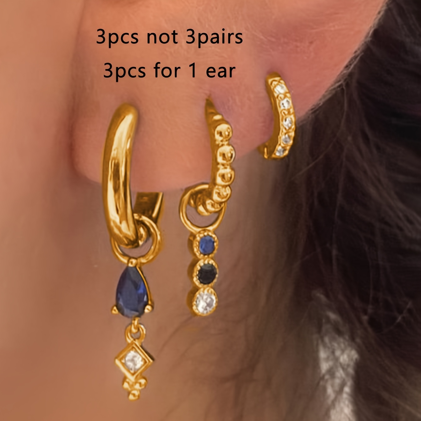 TEMU 3pcs Fashion Hoop Earrings Set, Elegant Women's Blue Synthetic Synthetic Zirconia Teardrop Earrings For Party, Banquet, And Daily Wear