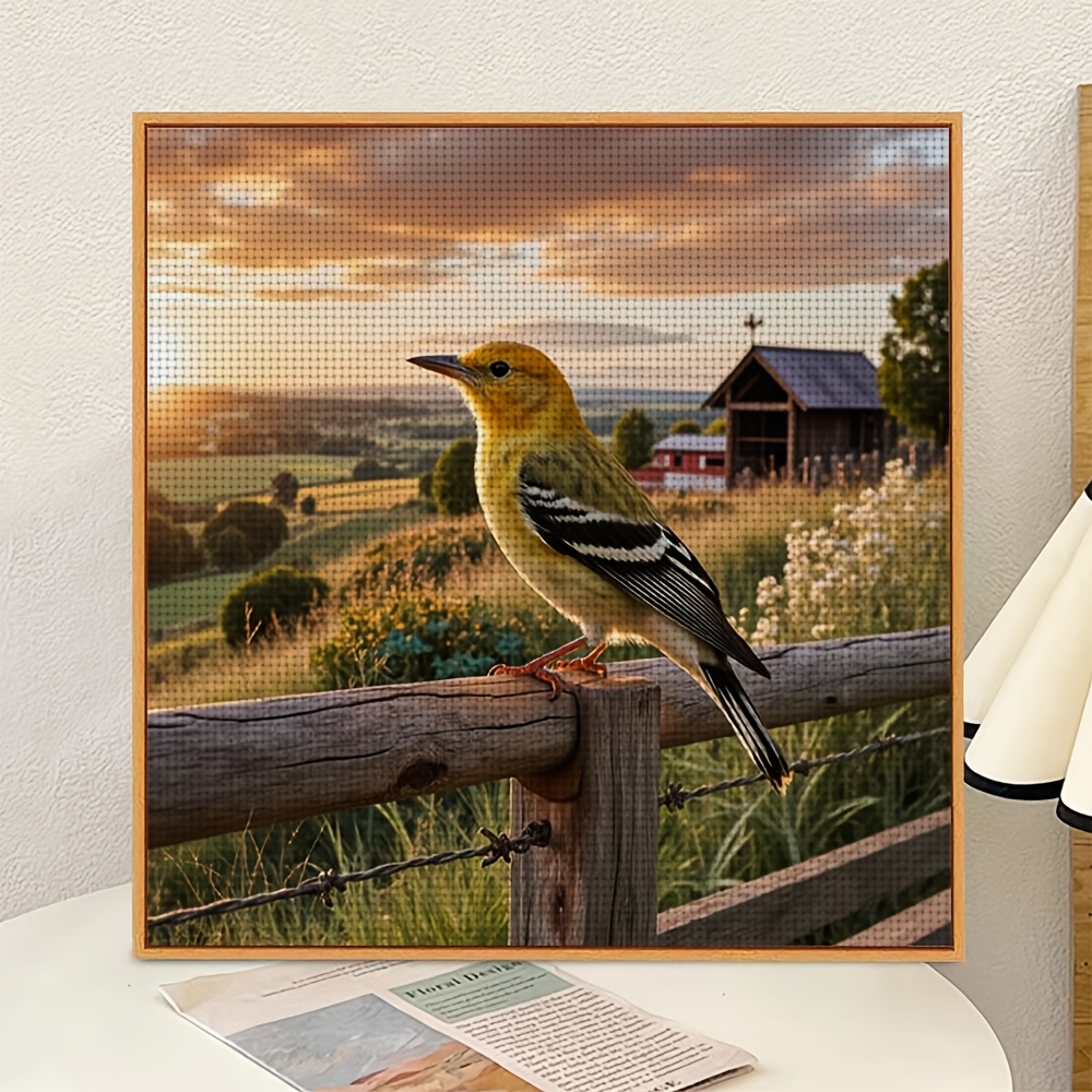 Cross Stitch Kit, Yellow Bird on Fence at Sunset