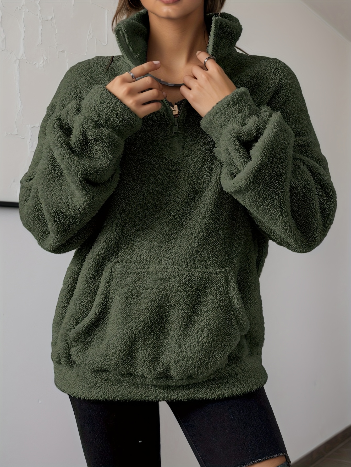 women's olive zip pullover sweatshirt loose fit Temu Oman