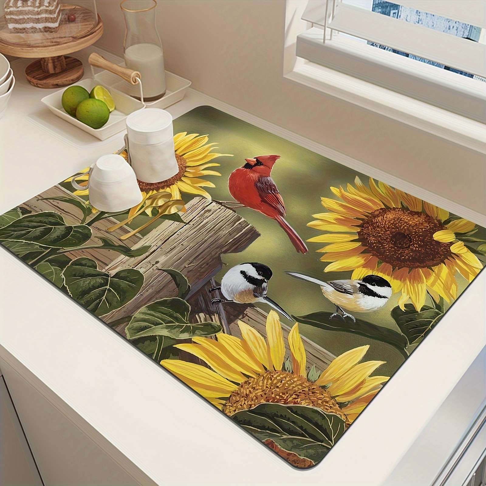 

1pc, Dish Drying Pad, Sunflower And Bird Printed Washing Machine Dust Cover Mat, Countertop Absorbent Pad, Absorbent Quick Drying Refrigerator Mat, Washstand Cup Mat, Suitable For Laundry Room