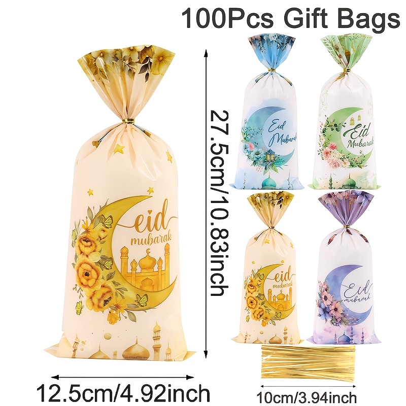 E-shop 25/50/100 Stück Geschenktüten, Aquarell Laterne Design Ramadan Cellophan Plastiktüten mit Kabelbindern, Eid Geschenkverpackungsbeutel, Ramadan