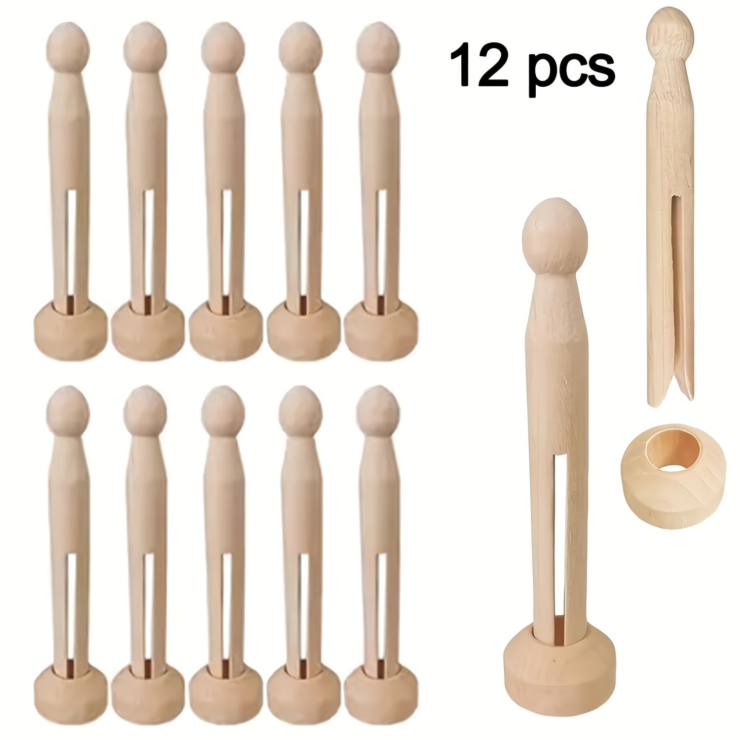 Image of 12pcs Multipurpose Unfinished Wooden Pins For Diy Crafts Art Painting Projects Wood Clothespins With Holders For Home & Kitchen Storage Organizer For Party Decor