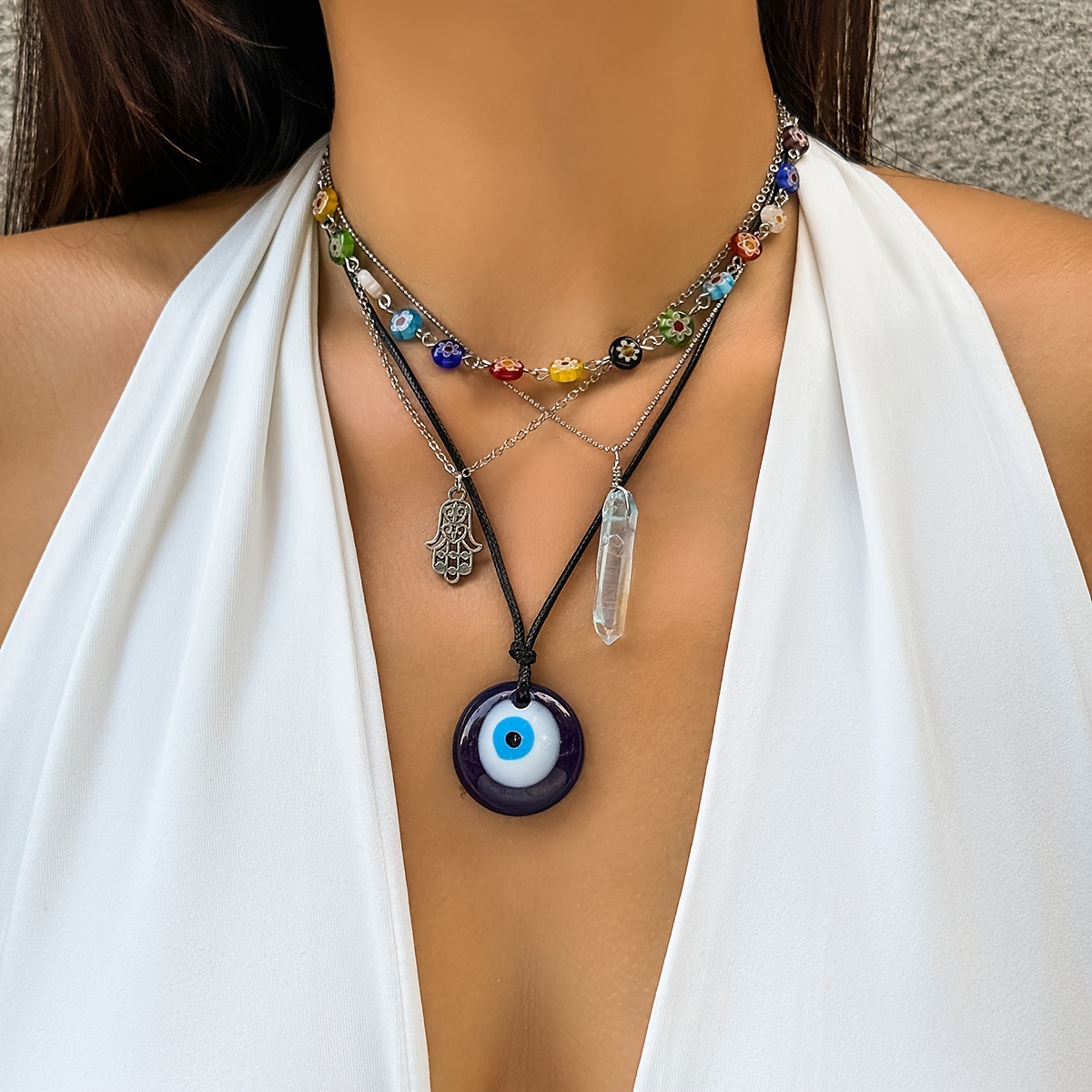 

4pcs/set Evil Eye Necklaces For Women, Vintage Boho Colorful Beads Turquoise Stone Pendant Fashion Necklace