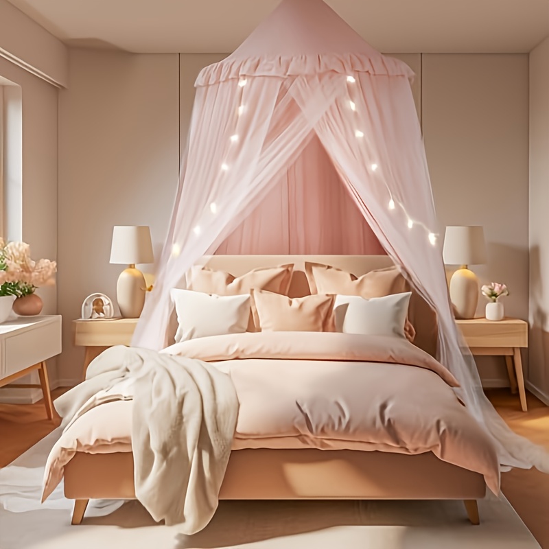 Image of Starlight Princess Canopy Bed - Double-layer, Breathable Mesh Dome For Girls' Room, Pink Reading Nook With Steel Wire Frame, Machine Washable (no Light Included)