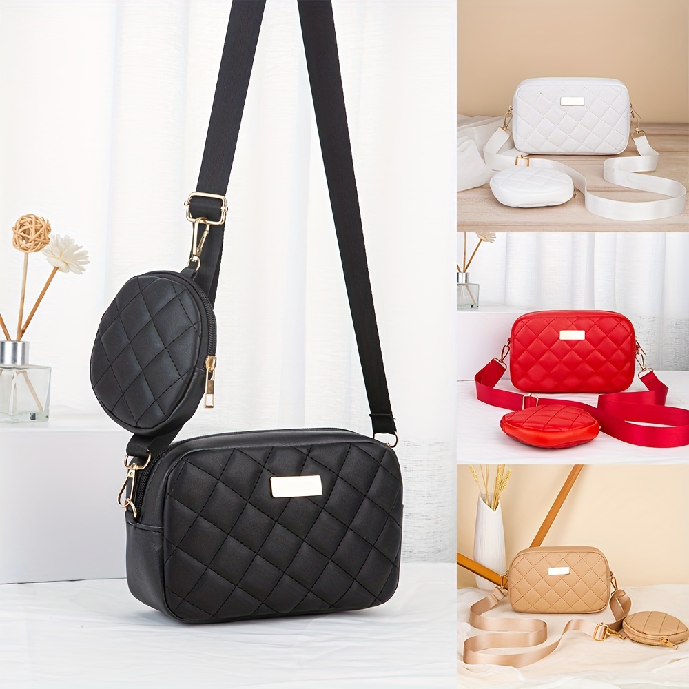 TEMU Elegant 2pcs Set: Chic Quilted Crossbody Bag With Purse - Adjustable Strap, Zip Closure, Lightweight Faux Leather