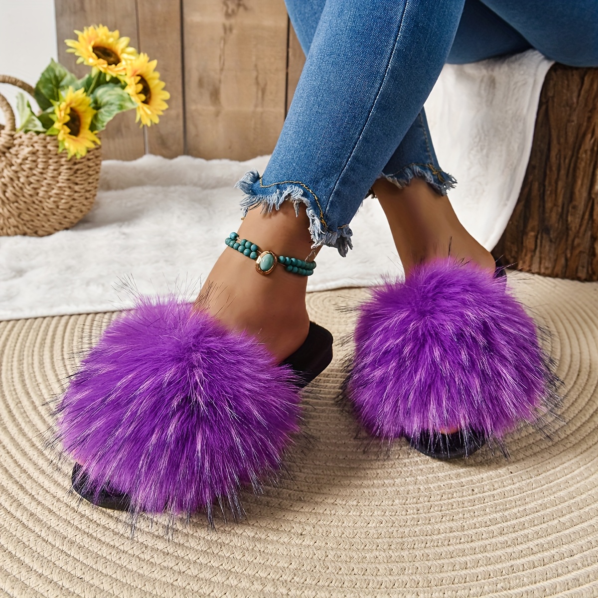 Purple Fluffy Sliders LQ Fluffy Purple Slippers Soft Fabric