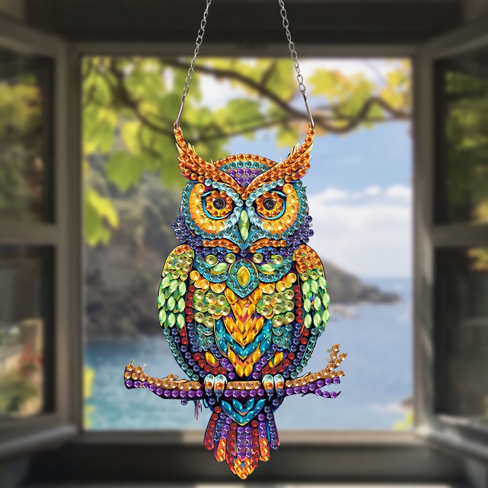 

Charming Owl On A Branch Diamond Art Hanging Decor, 3.5x5.7" - Unique Acrylic Mosaic With Irregular Rhinestones, Perfect For Windows & Home