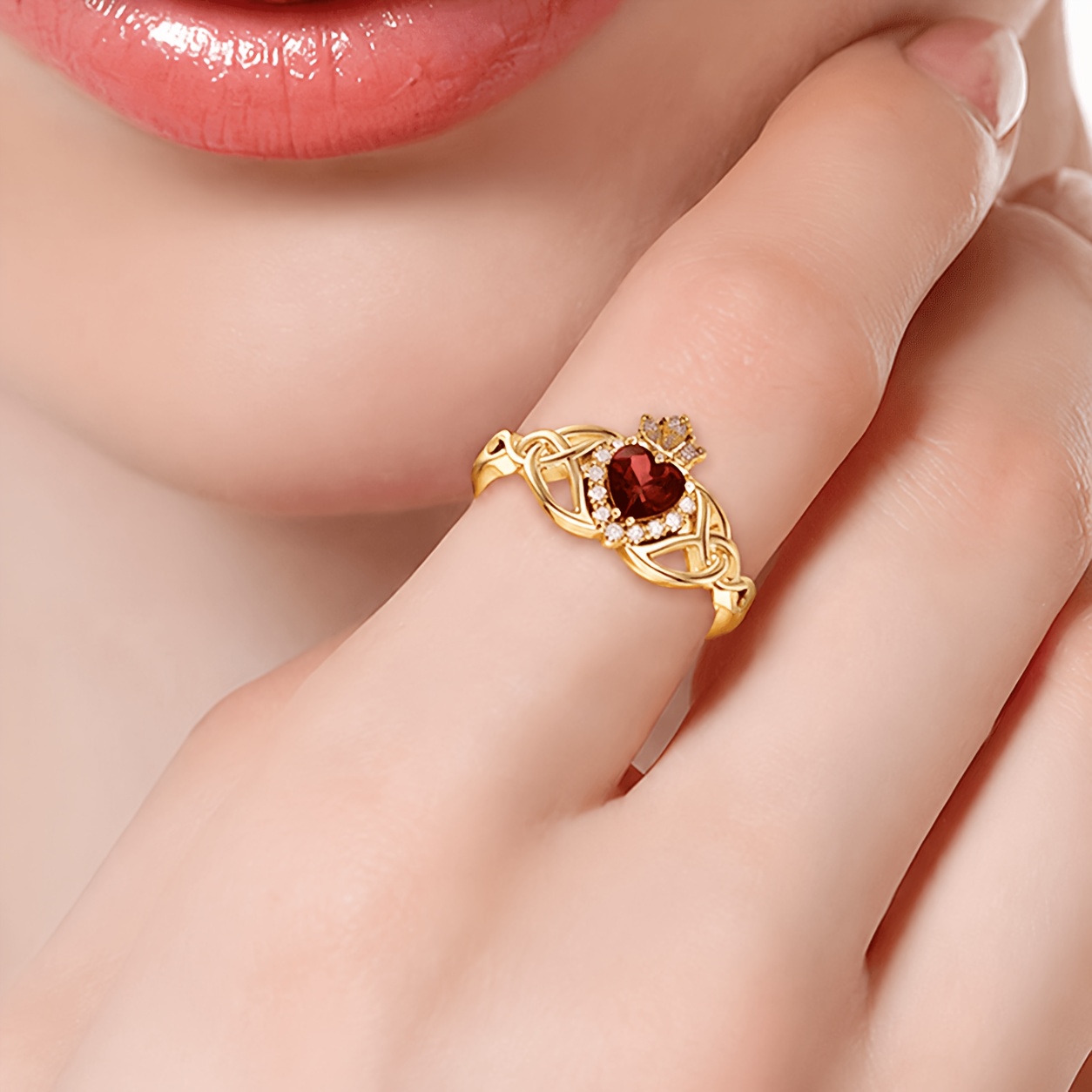 Claddagh Style Heart-Shaped Red Zirconia Ring