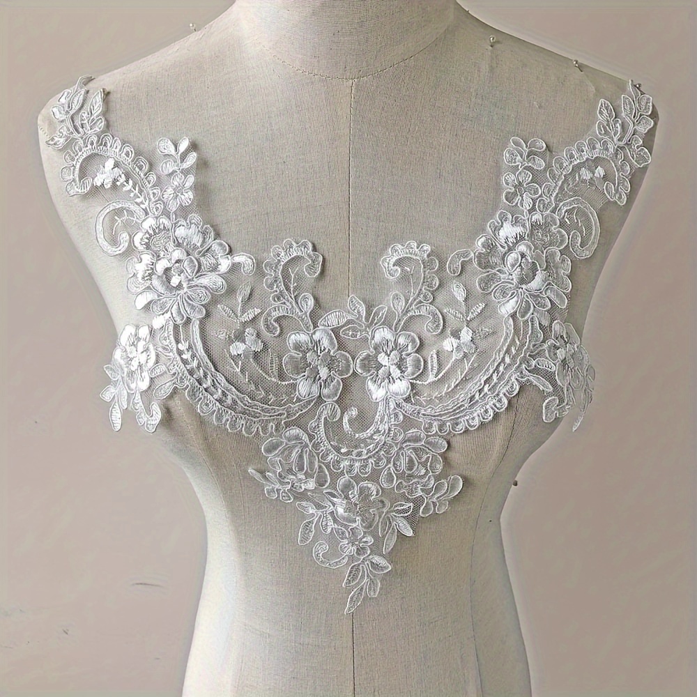 

White Lace V-neck Embroidery Applique Floral Wedding Trim Decorative Bridal Sewing Patch