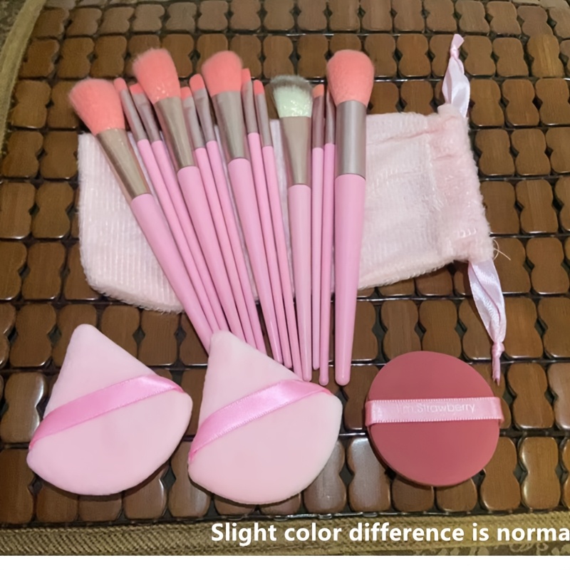 TEMU -one Makeup Set Includes 13 Pink Brushes, 2 Triangular , 1 Round Puff, And A Storage Bag, Gentle Brushes, Beauty Sponges, , And Items All Your